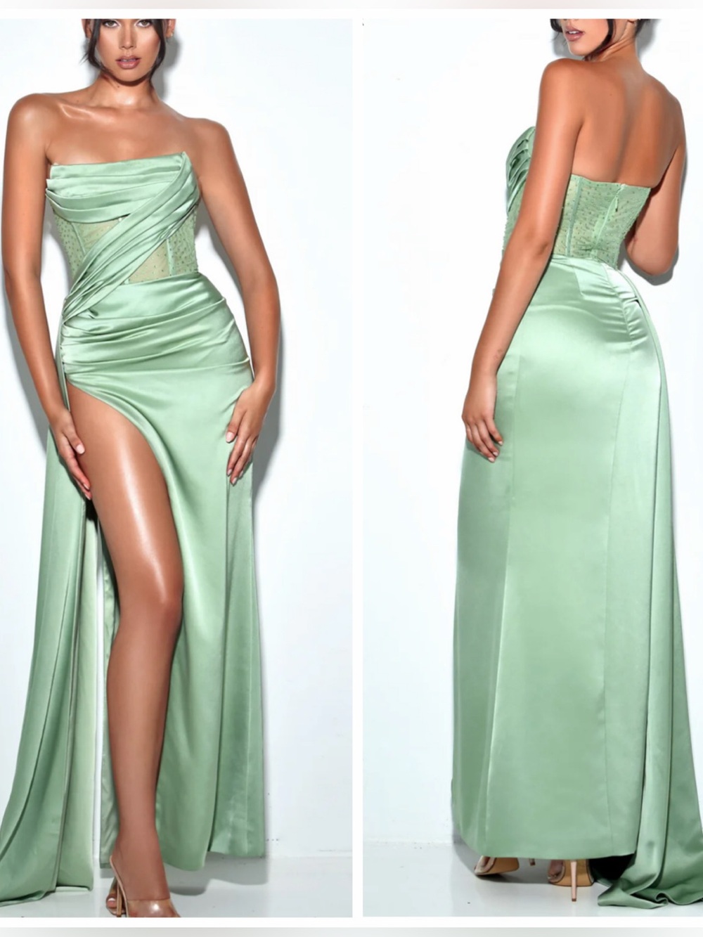NWT Miss Circle Holly Basil Crystallized Corset Slit Satin Gown Maxi Sz Medium *